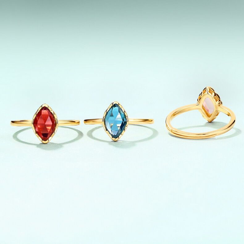 Personality S925 Sterling Silver Ring 9k Yellow Gold Plating Rose Crystal/Blue topaz/Mozambique Garnet